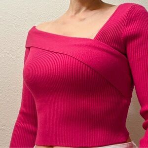 Hot Pink Ribbed Off Shoulder Crop Top